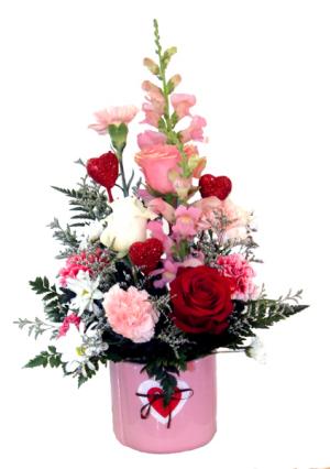 Felt Heart Fresh cut flowers in a ceramic container