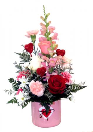Felt Heart Fresh cut flowers in a ceramic container