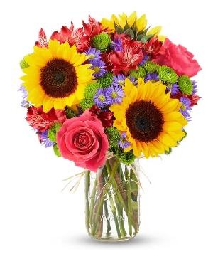 Fields of Gold Mason Jar Sunflowers and Roses 