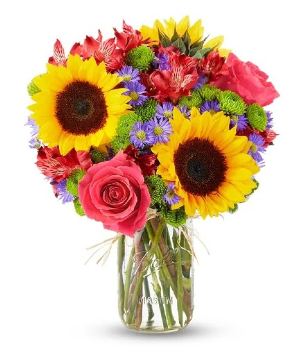 Fields of Gold Mason Jar Sunflowers and Roses 