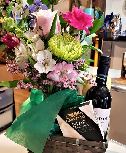 FLOWERS,  RED WINE, CHEESE & CRACKERS 