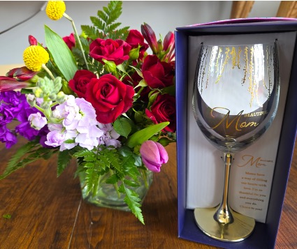 Flowers & Wine Glass Bundle For Mom