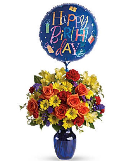 Fly Away Birthday Bouquet vase with balloon