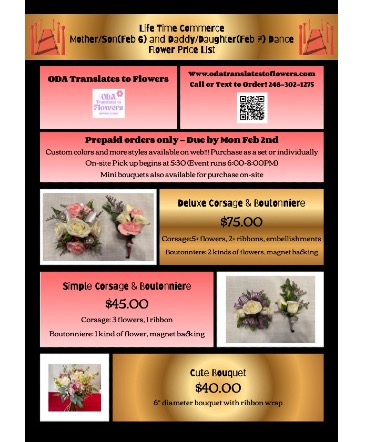 For Life Time Fitness Commerce Feb 6th & 7th Corsages, Boutonnières, Bouquets in West Bloomfield, MI | ODA TRANSLATES TO FLOWERS