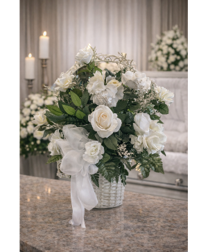 Forever in our hearts Basket of white silk blooms