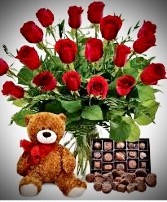 18 (Choose Color) Roses/Chocolates/Teddy Gift Bundle