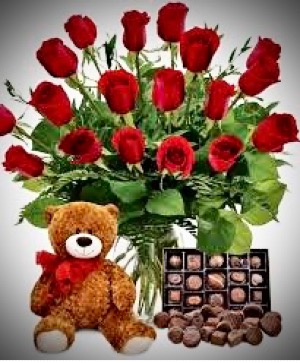 18 (Choose Color) Roses/Chocolates/Teddy Gift Bundle