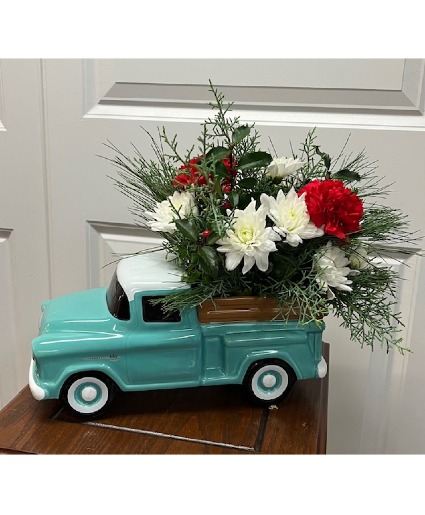Fresh arrangement in a Chevy Truck Keepsake Ceramic Truck