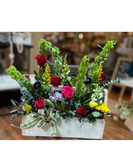 Fresh Flower Arrangement in Wood Tote Garden Style