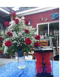 Fresh roses  plus artificial 12 inch roses  bear 12 R0ses  in  vase + R0ses  bear 12 inches