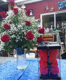 Fresh roses  plus artificial 12 inch roses  bear 12 R0ses  in  vase + R0ses  bear 12 inches