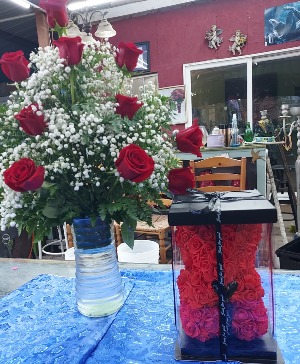Fresh roses  plus artificial 12 inch roses  bear 12 R0ses  in  vase + R0ses  bear 12 inches