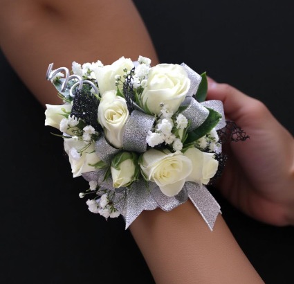 Frosted Charm Silver Ribbon with White Roses