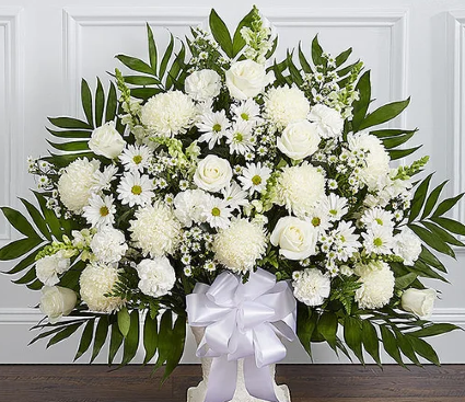 Funeral Basket: All white with bow FUNERAL BASKET MADE WITH DIFFERENT TYPES OF FLOWERS: Roses, carnations, etc, 