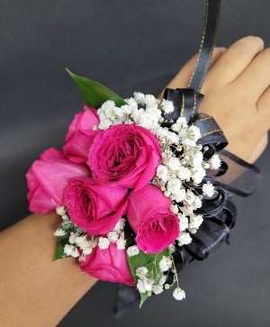 Fushia white and black ribbon  Corsages 