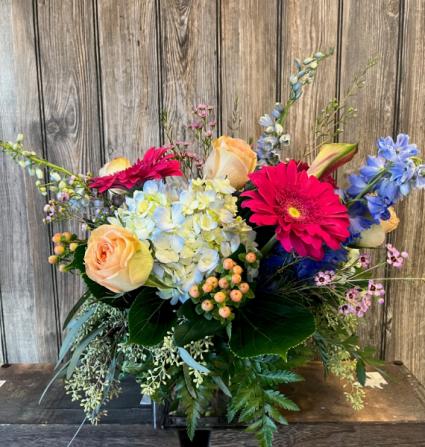 Garden Blooms and Hues Lower Garden arrangement perfect for centerpiece