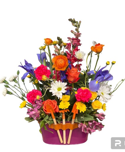 Garden Shed  Spring flowers in darling container w/tools