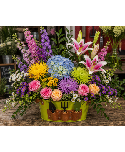 Garden Tool Bloom Basket Fresh Floral Arrangement