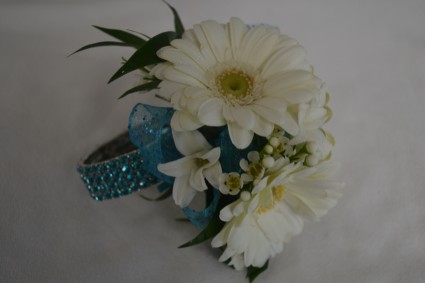 gerbera daisy and blue wrist corsage