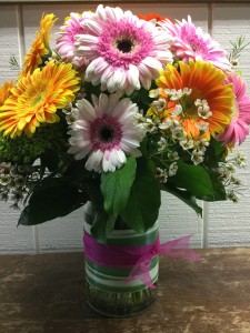 Gerbera Daisy Splash Clear glass cylinder vase