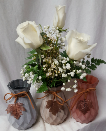 Popular frosted glass vase with leaf   (R) Includes 3 roses...white, pink, yellow or red roses...whatever is in stock