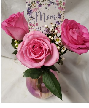 DELIGHTFULLY MOM...3 pink roses in a (MD) small iridescent Vase (colors of vase may vary..all pastels) INCLUDES A MOTHER'S DAY PICK!