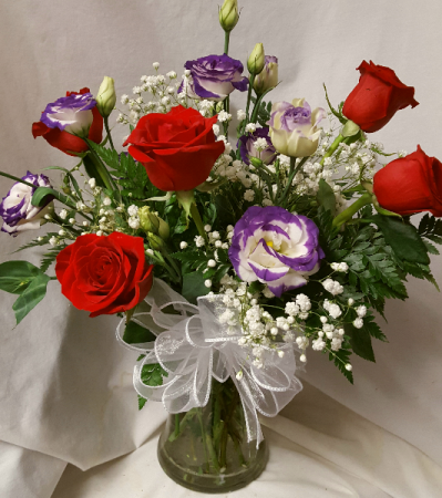 "PURPLE PASSION"..(E) BOUQUET RED ROSES and white with PURPLE tip lisianthus arranged with baby's breath.