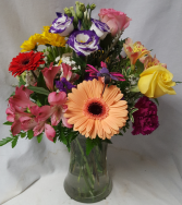 "Hummingbird Arrangement"...(E) Mixed flowers  arranged in a vase with a hummingbird!