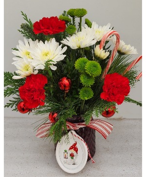 Gnome for the Holidays vase arrangement with keepsake ornament
