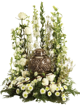 GOLD AND WHITE URN GARDEN TABLE ARRANGEMENT
