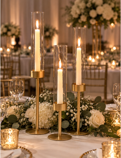 Gold Glass Hurricane Candle Holders Rental 