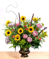 Golden: Orange, Yellow and Purple Urn Arrangement