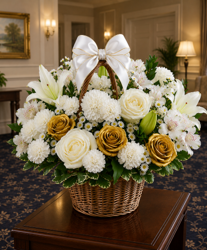 Golden Serenity Basket Call Us for Faster Service & Daily Specials: (915) 303-8500 Text Us to Order Anytime: (915) 505-3708 Your trusted source for Flowers & Delivery in El Paso TX 