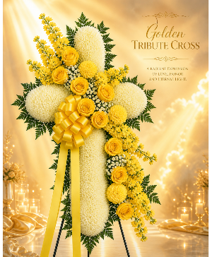 Golden Tribute Cross Call Us for Faster Service & Daily Specials: (915) 303-8500 Text Us to Order Anytime: (915) 505-3708 Your trusted source for Flowers & Delivery in El Paso TX i need this saved  