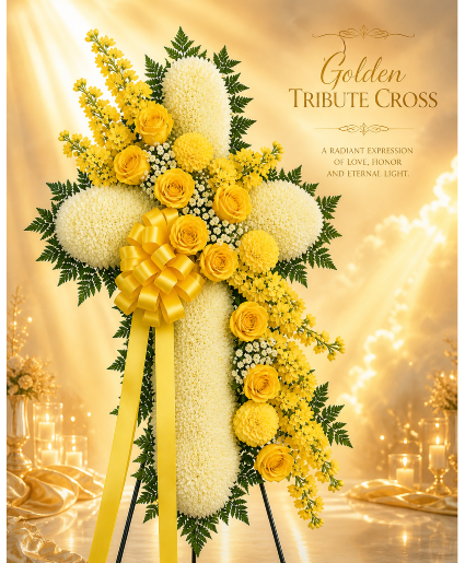 Golden Tribute Cross Call Us for Faster Service & Daily Specials: (915) 303-8500 Text Us to Order Anytime: (915) 505-3708 Your trusted source for Flowers & Delivery in El Paso TX i need this saved  