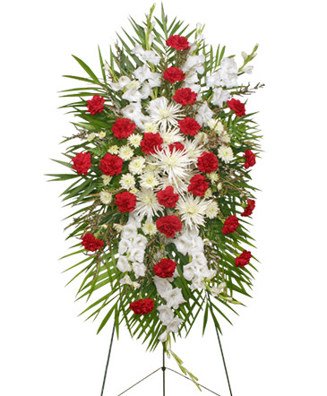 GRACEFUL RED & WHITE Standing Spray of Funeral Flowers in Solana Beach, CA | DEL MAR FLOWER CO