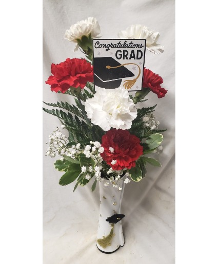 Graduation vase with red and white carnations (G) And a Congratulations pick!