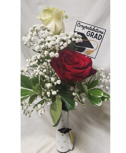 Graduation vase with red and white Roses and  (G) Filler and Congratulations pick! Cute keepsake vase