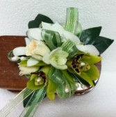 Green and White jazz wrist corsage