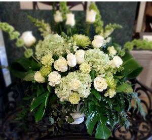 GREEN HYDRANGEA AND WHITE ROSE URN SYMPATHY
