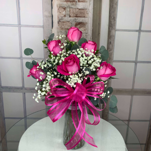 Half Dozen Hot Pink Roses Vased