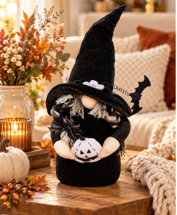 Halloween Witch Gnome with Pumpkin  in Key West, FL | Petals & Vines Boutique