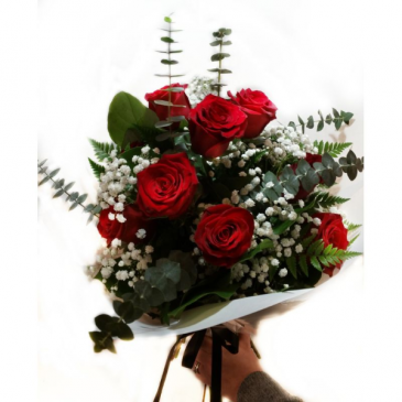 hand tied premium red rose bouquet Dozen Explorer Roses,Eucalyptus and baby’s breath  in Clifton, NJ | Days Gone By Florist