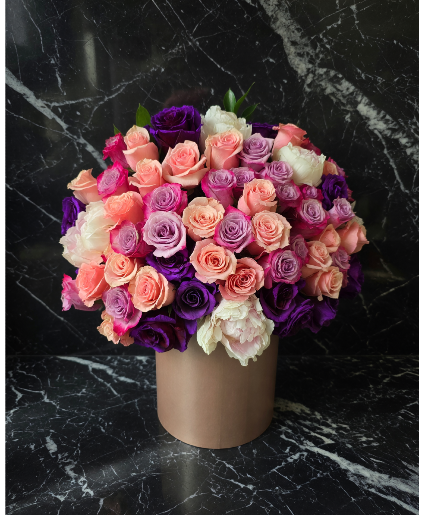 Happiness Love box A rainbow of soft color roses and jewel tone colors
