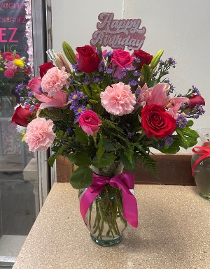 Happy Birthday Arrangement Arrangement made of roses, carnations, lilys, monte casino, and greenary