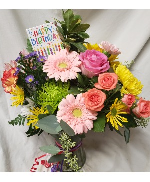HAPPY BIRTHDAY BRIGHTS! MIXED (B) bright flowers arranged and includes a Happy Birthday pic