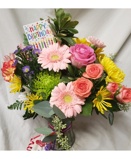 HAPPY BIRTHDAY BRIGHTS! MIXED (B) bright flowers arranged and includes a Happy Birthday pic