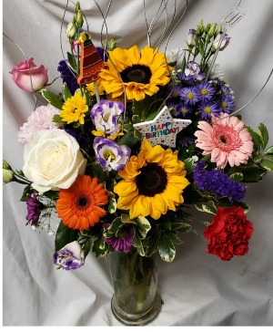  Birthday Brights...(B)...  Mixed bright  Seasonal flowers arranged in a vase with Birthday Pic! ( flowers may vary depending on daily stock)