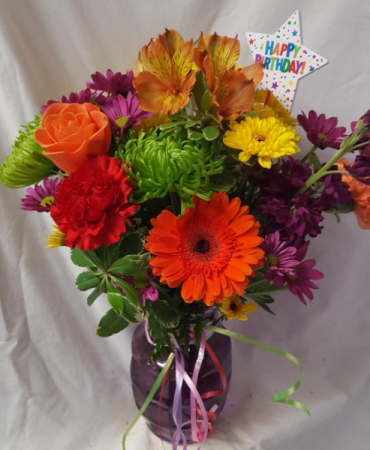 HAPPY BIRTHDAY CELEBRATION Bouquet...(B) colorful seasonal flowers arranged with a Happy Birthday Pick!!