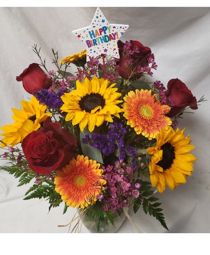 HAPPY BIRTHDAY FALL FAVORITE!   (B) Roses, carnations, gerbera daisies, sunflowers and seasonal filler and INCLUDES A HAPPY BIRTHDAY PIC!